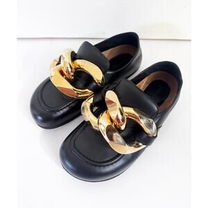 J.W. Anderson Black Leather Loafers with Gold Chain Hardware